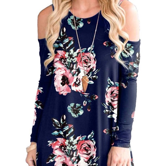Cold Shoulder Navy Floral Womans Tunic Swing Dress - Picture 2 of 3
